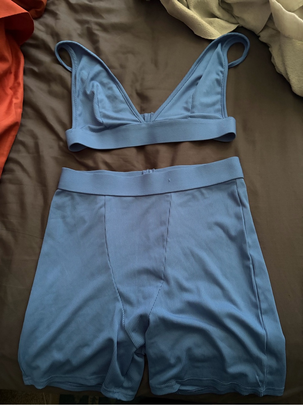 Seamless Ribbed Bralette & High-Waist Short Set - Light Blue
